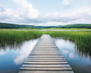 Fototapeta premium Tranquil Dock Overlooking Serene Water Landscape
