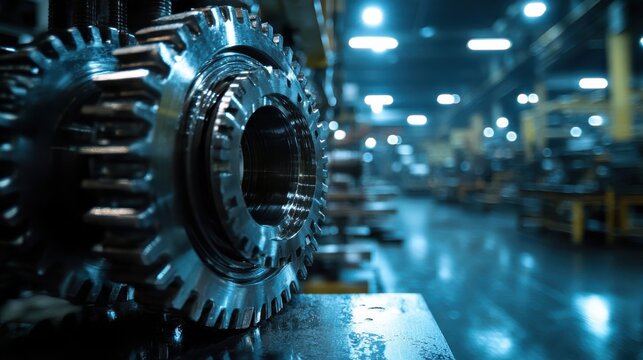 Metallic machinery parts being maintained with precision on factory workshop backdrop, precision engineering theme