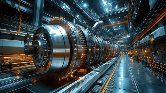 Power turbine maintenance with advanced technology on maintenance bay backdrop, energy systems theme