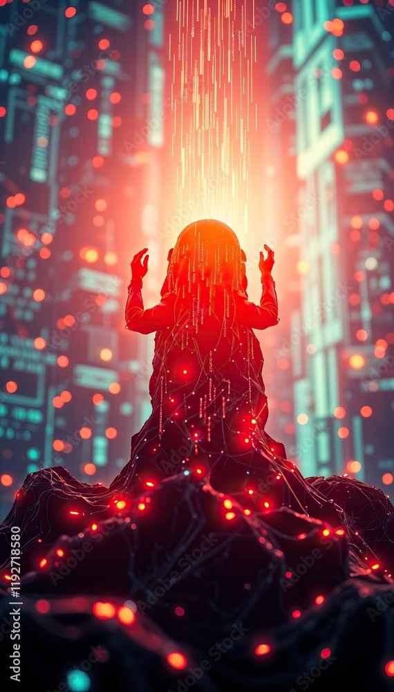 Aufkleber futuristic ai data streams flow into figure merging technology and consciousness