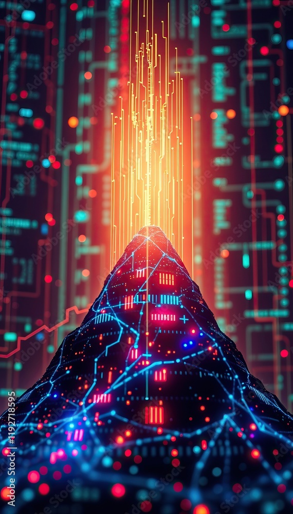 Aufkleber Futuristic tech mountain with glowing data streams