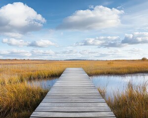 Obraz premium Serene Wooden Dock at Marshland Under Open Sky