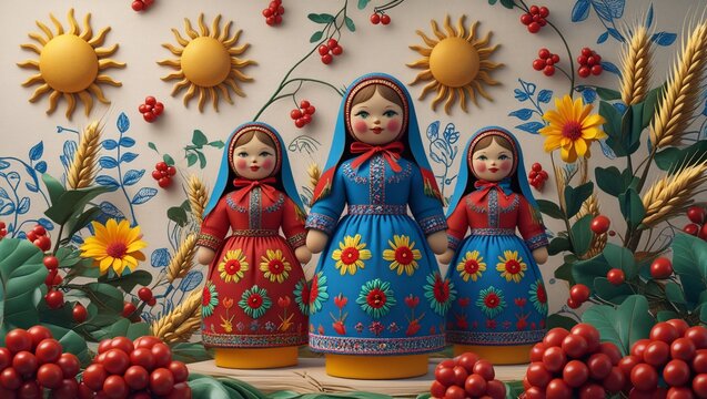 Colorful Ukrainian dolls in traditional dress against a vibrant floral backdrop showcasing national heritage and cultural significance