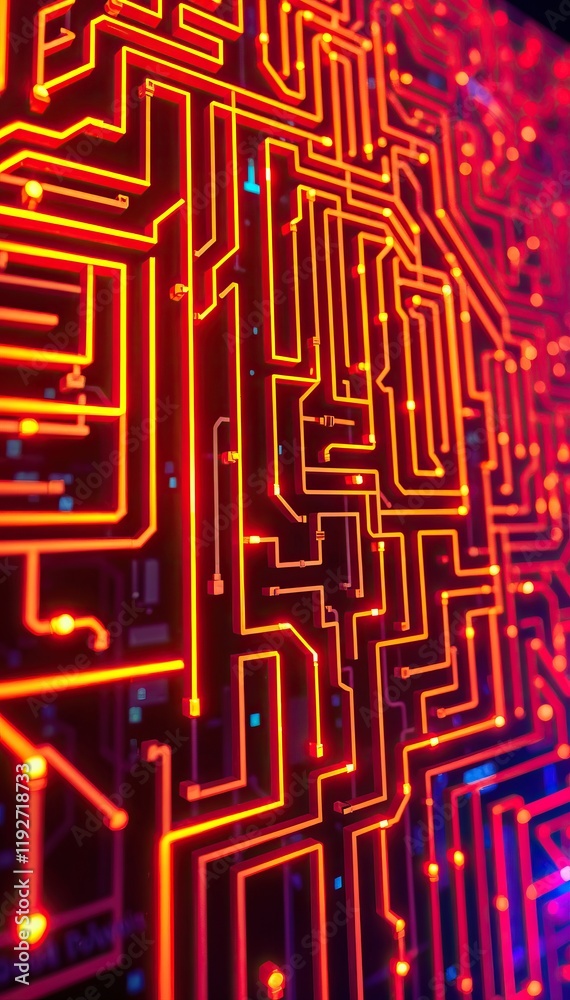 Poster Abstract futuristic maze tech background with glowing circuit board pattern