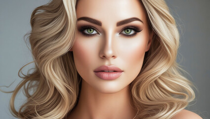 Fototapeta premium Close-up of a woman with long, wavy blonde hair cascading over her shoulders