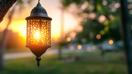 Ornate lantern glowing at sunset in a garden, peaceful ambiance perfect for Ramadan, Eid, or religious celebrations