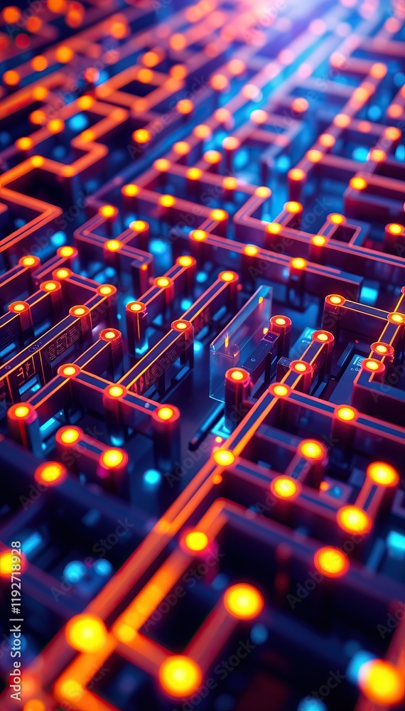 Poster Abstract futuristic tech background with glowing matrix codes and data streams