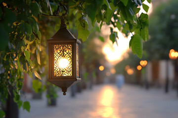 Ornate lantern glowing at sunset in a tree, casting warm light on a blurred city street; perfect for travel, Ramadan, or peaceful atmosphere imagery