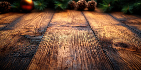 Warm wooden floor with Christmas decorations, including pine branches and ornaments, creating cozy holiday atmosphere