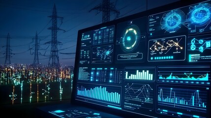 A futuristic dashboard displaying power consumption forecasts and peak energy demand predictions, with dynamic graphs and power grid status updates. 