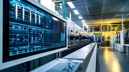 Fototapeta premium A sleek control room displaying a digital dashboard monitoring peak energy usage and backup power systems. Rows of high-capacity batteries and energy grids ensure uninterrupted power supply 