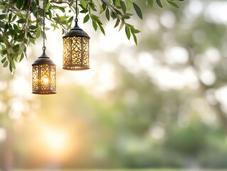 Ornate lanterns hanging from a tree branch at sunset, in a park setting, ideal for Ramadan or festive celebrations