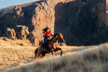 A woman in a red shirt and cowboy hat gallops on a brown horse through a golden grass field with rocky cliffs in the background, Idaho, USA