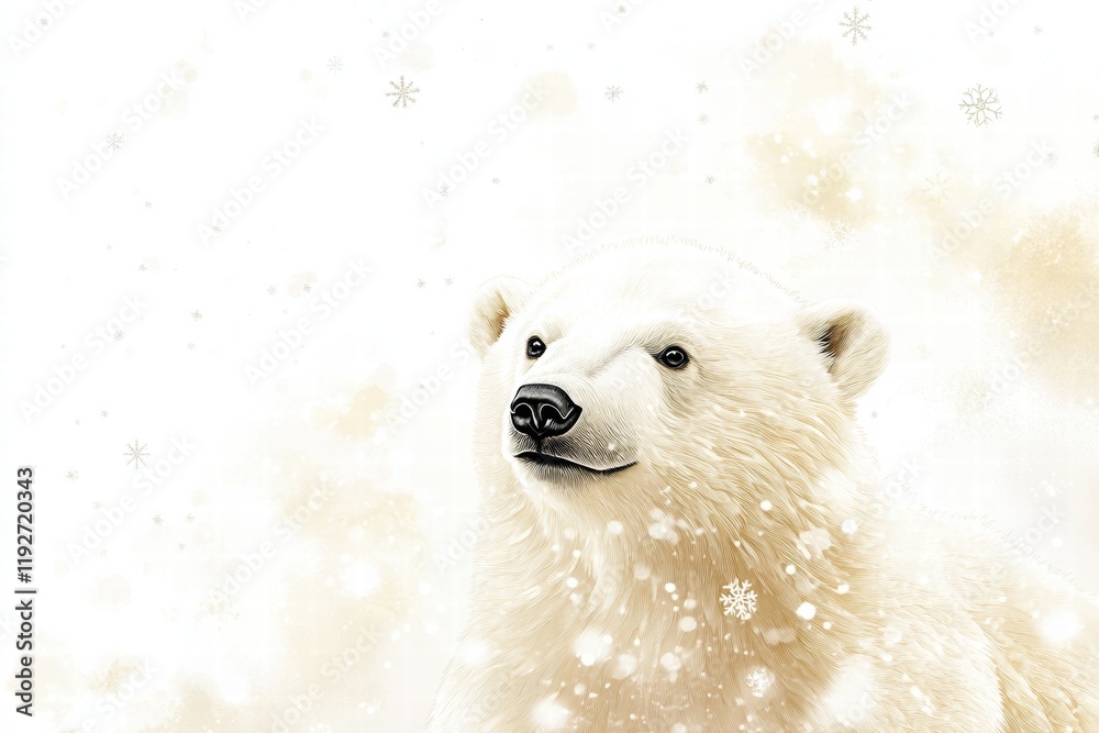 Poster snowy polar bear looking curiously at the viewer with snowflakes gently falling around in an illustr