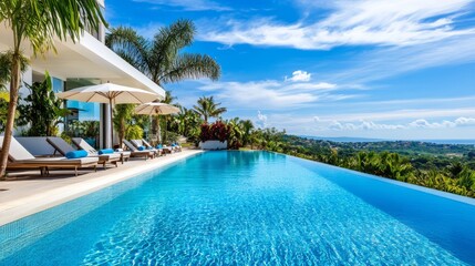 Fototapeta premium Clear blue water in a modern pool with palm trees. A serene pool surrounded by lush tropical beauty