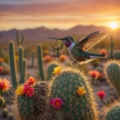 A hummingbird hovering near its tiny nest on a cactus in a desert, with a colorful sunrise. © Cat