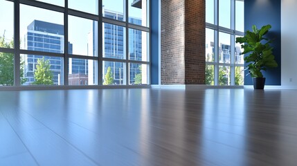 Fototapeta premium Bright sunlight streams through large windows illuminating a spacious modern studio with polished wood floors. AI Generated