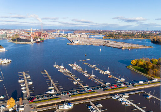 Aerial view of boats docked neatly in parallel rows at a marina, Helsinki, Finland