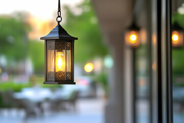 Outdoor hanging lantern illuminates patio cafe at sunset. Warm light creates inviting ambiance, perfect for restaurant website or travel blog