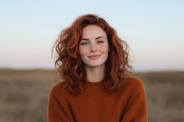 Fototapeta premium Portrait of smiling redhead woman with freckles in a field