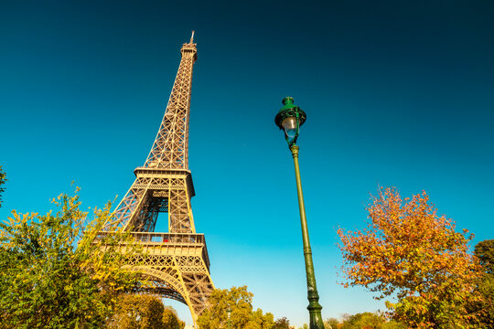 Eiffel Tower under clear blue skies with a green lamppost and autumn trees, Paris, France