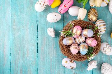 Easter nests and eggs background