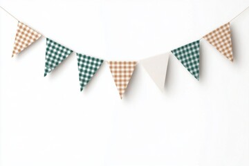 Obraz premium Decorative pennant flags hanging on white background celebrating a festive event