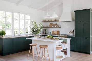 Modern farmhouse kitchen with green cabinets and white island featuring fresh ingredients