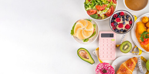 Calorie Calculator background with healthy and non-healthy foods