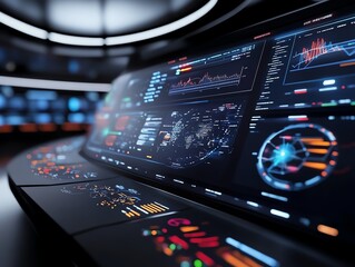 Obraz premium Digital command center, futuristic graphics, immersive interactive panels, 3D illustration