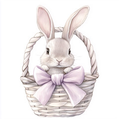 Obraz premium Watercolor Easter Bunny in Wicker Basket with Lavender Bow – Cute Rabbit, Spring Illustration, Pastel Easter Clipart, Adorable Bunny Art
