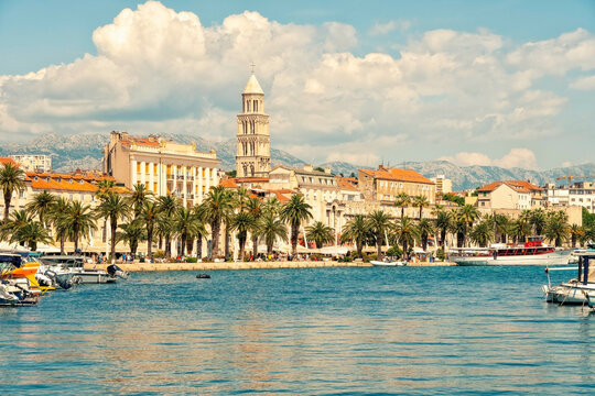 Coastal cityscape with historic buildings and St domnius Cathedral tower and palm trees lining the waterfront under a clear blue sky, Split, Croatia
