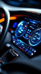 Neonlit holographic dashboard with sleek touchsensitive controls, futuristic interface design, ultramodern tech environment