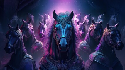 Obraz premium Enigmatic Trojan Horse Surrounded by Ghostly Figures of Hackers