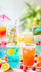 Fototapeta premium Colorful summer cocktails with fresh fruits and umbrellas in a bright outdoor setting