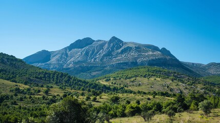 A mountain range against a clear blue sky.