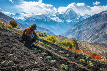 Gardener Sowing Seeds in Alpine Garden