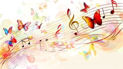 A colorful musical background with notes and butterflies.