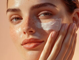 Hydrating Skincare Routine for Dry Skin Close-up Image of a Woman Applying Moisturizing Cream, Showcasing Subtle Textures and Glowing Skin
