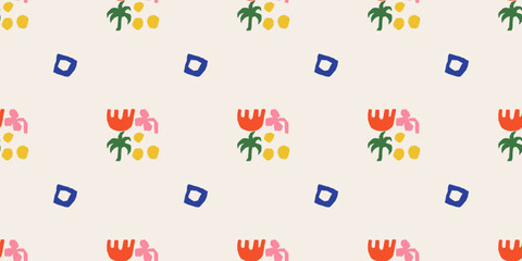 Obraz premium Abstract seamless pattern. Floral and geometry organic. Leaf flowers element decorative, Matisse style, doodle floral nature background. Decor textile, wrapping, wallpaper. Print for fabric. Vector