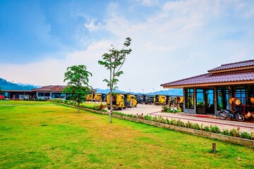 Obraz premium The tourist taxi cabs in Tea Center, the tourist area in Mae Salong Chinese Tea Village, Thailand