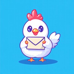 Cute chick holding letter, blue background, children's illustration