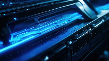Close-up of futuristic glowing blue circuit board.