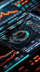 Obraz premium Cyberpunk interface showing a virtual stock market trading floor, futuristic interface design, finance in the future