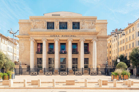 Opera Municipal building facade with neoclassical architecture on a bright sunny day, Marseille, France