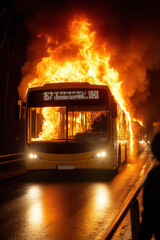 Urban nighttime bus fire blaze: dramatic flames engulf public transport vehicle