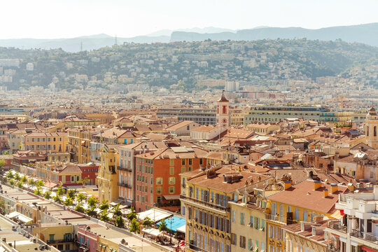Aerial cityscape panoramic view of Nice city with densely packed buildings and a clear sky in summer, Nice, France
