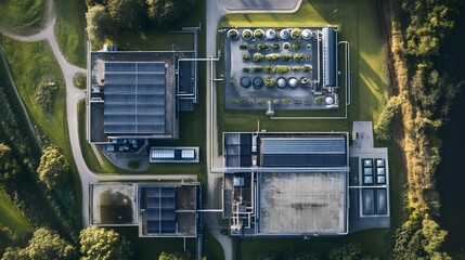 A bird&rsquo;s-eye view of an eco-friendly biofuel plant, with a well-organized layout and green energy solutions, set against a backdrop of natural surroundings 