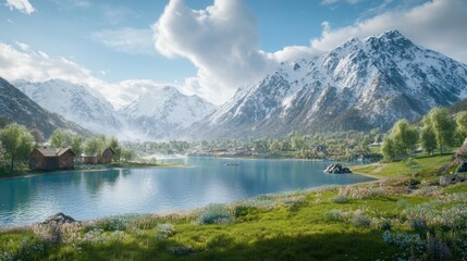 Serene Mountain Lake Village Scene With Cabins