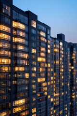 Fototapeta premium Illuminated high-rise apartment buildings at dusk in urban cityscape